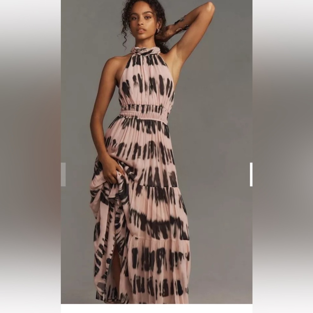 Anthropologie Pink and Black Tie-Dye Halter Maxi Dress
